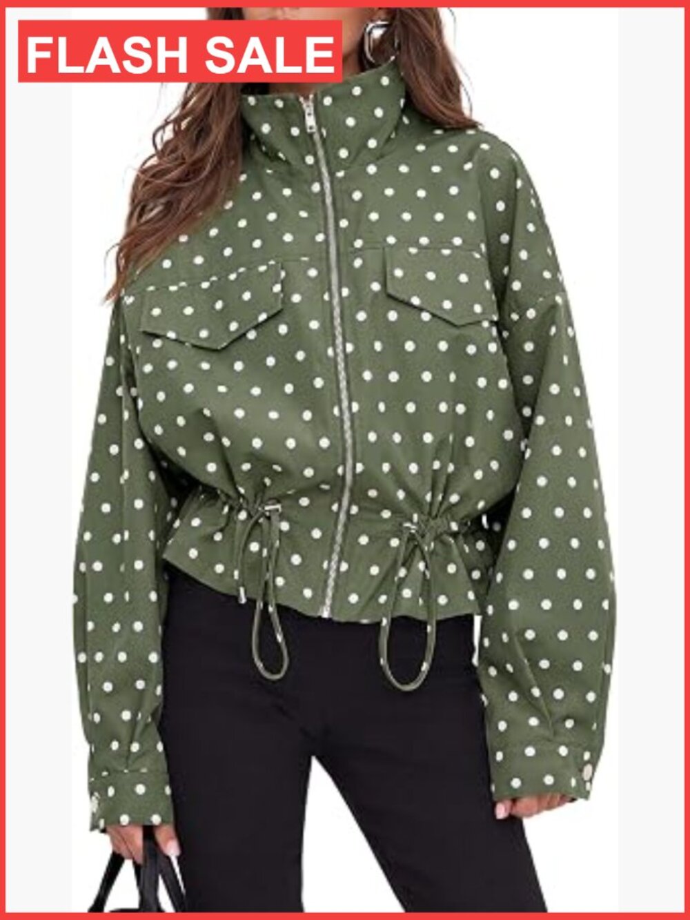 Womens Zip Up Casual Jacket Polka Dot Retro Trendy Coat Long Sleeve Oversized